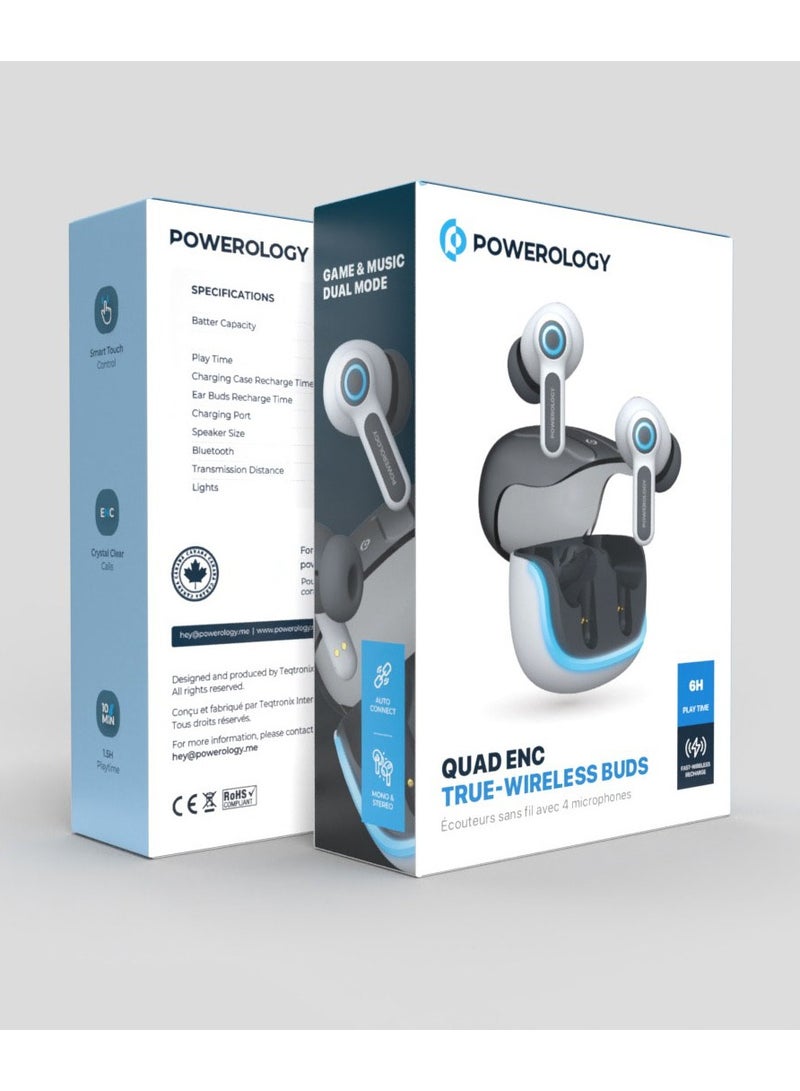 Quad Microphone ENC True-Wireless Earphone / Fast Wireless Recharge / 10M Distance / 6H Working Time / Smart Touch Control - White