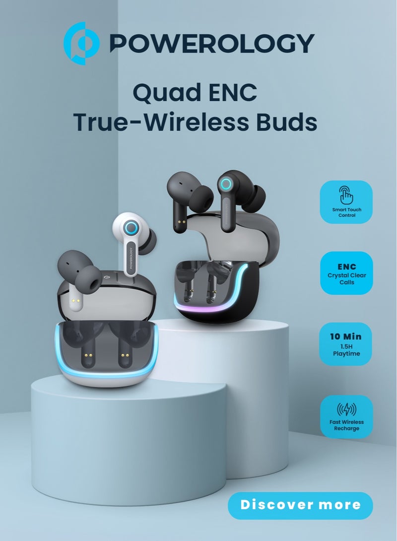 Quad Microphone ENC True-Wireless Earphone / Fast Wireless Recharge / 10M Distance / 6H Working Time / Smart Touch Control - White