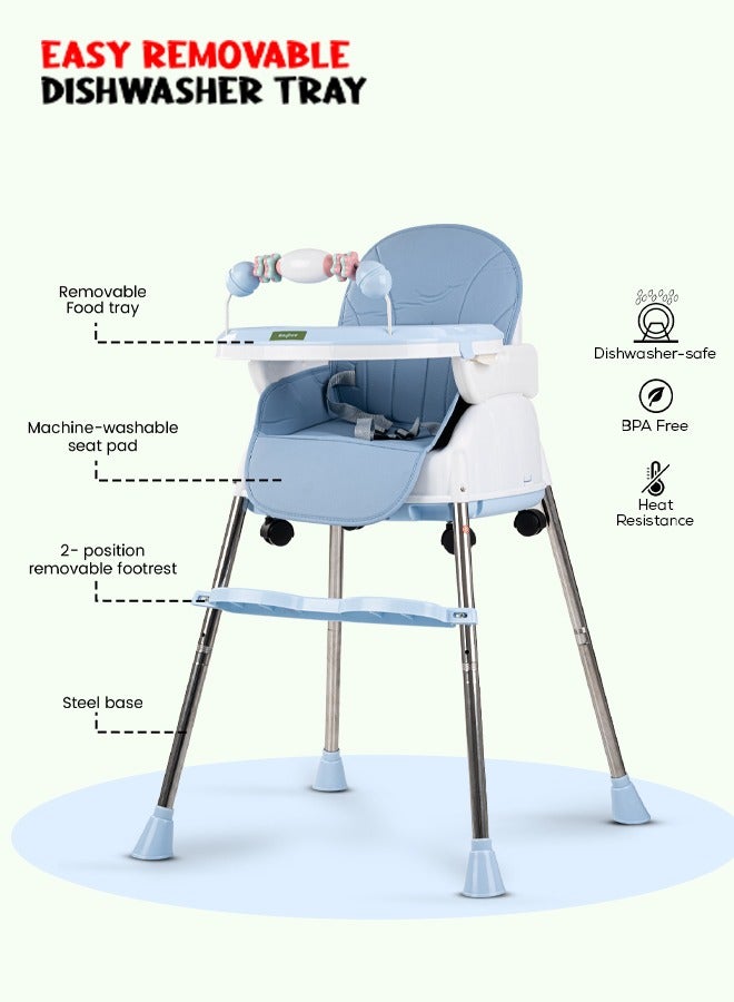 4 In 1 Nora Convertible High Chair For Kids With Adjustable Height And Footrest Baby Toddler Feeding Booster Seat With Tray Safety Belt Kids High Chair For Baby 6 Months To 4 Years Blue