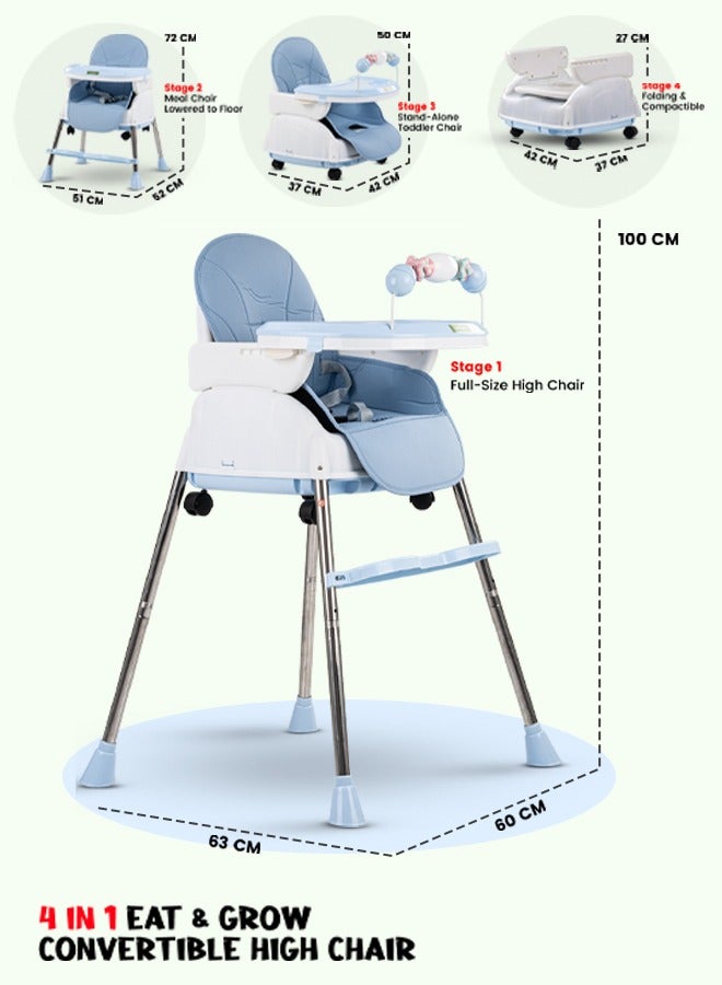 4 In 1 Nora Convertible High Chair For Kids With Adjustable Height And Footrest Baby Toddler Feeding Booster Seat With Tray Safety Belt Kids High Chair For Baby 6 Months To 4 Years Blue