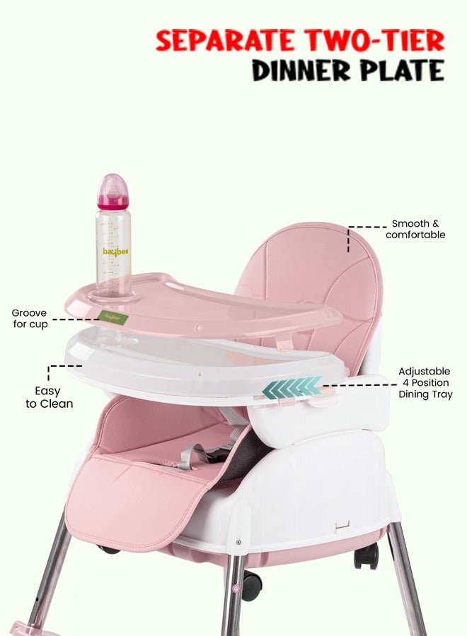 4 In 1 Nora Convertible High Chair For Kids With Adjustable Height And Footrest Baby Toddler Feeding Booster Seat With Tray Safety Belt Kids High Chair For Baby 6 Months To 4 Years Pink