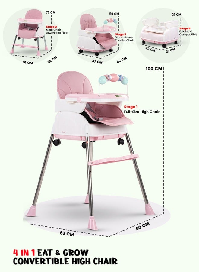 4 In 1 Nora Convertible High Chair For Kids With Adjustable Height And Footrest Baby Toddler Feeding Booster Seat With Tray Safety Belt Kids High Chair For Baby 6 Months To 4 Years Pink