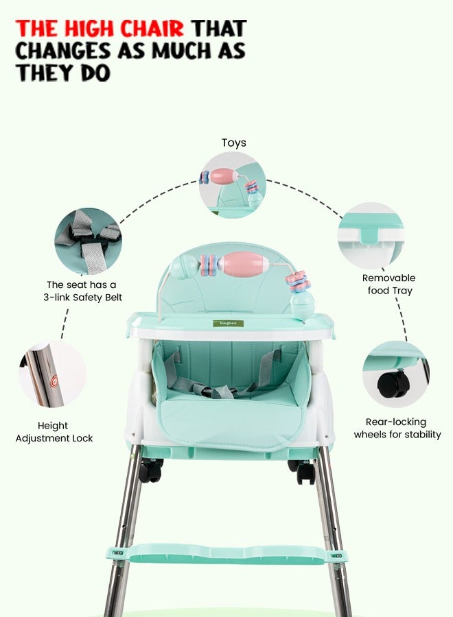 4 In 1 Nora Convertible High Chair For Kids With Adjustable Height And Footrest Baby Toddler Feeding Booster Seat With Tray Safety Belt Kids High Chair For Baby 6 Months To 4 Years Green