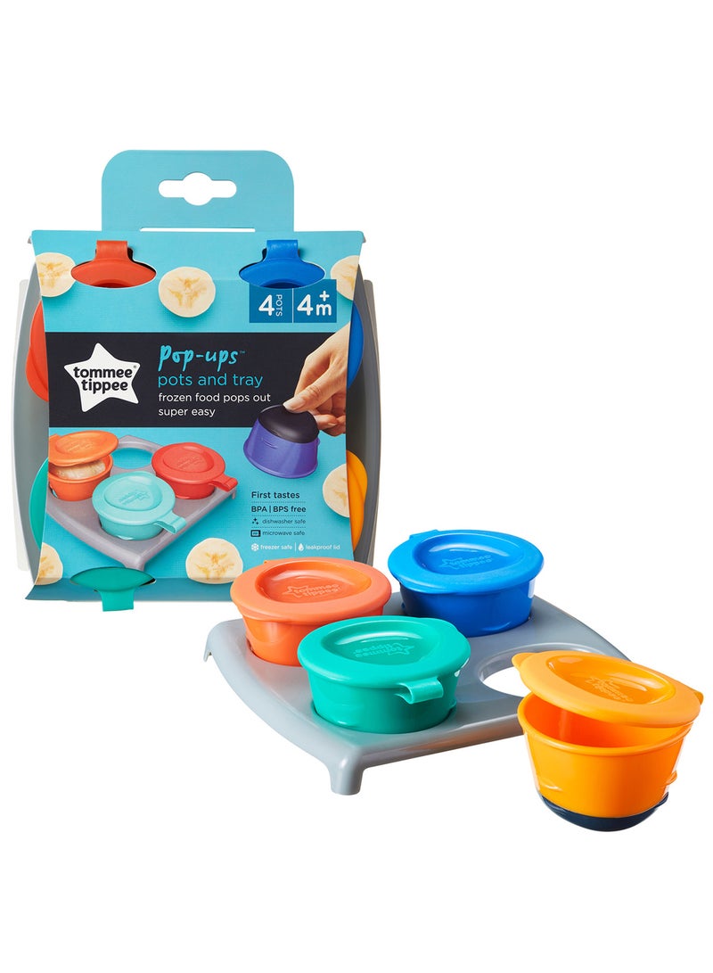 Pack Of 4 Pop Up Freezer Weaning Pots With Tray, Baby Food Containers With Soft Push Up Bases, 4 Months+, 60ml Multicolour (  Packaging May Vary )