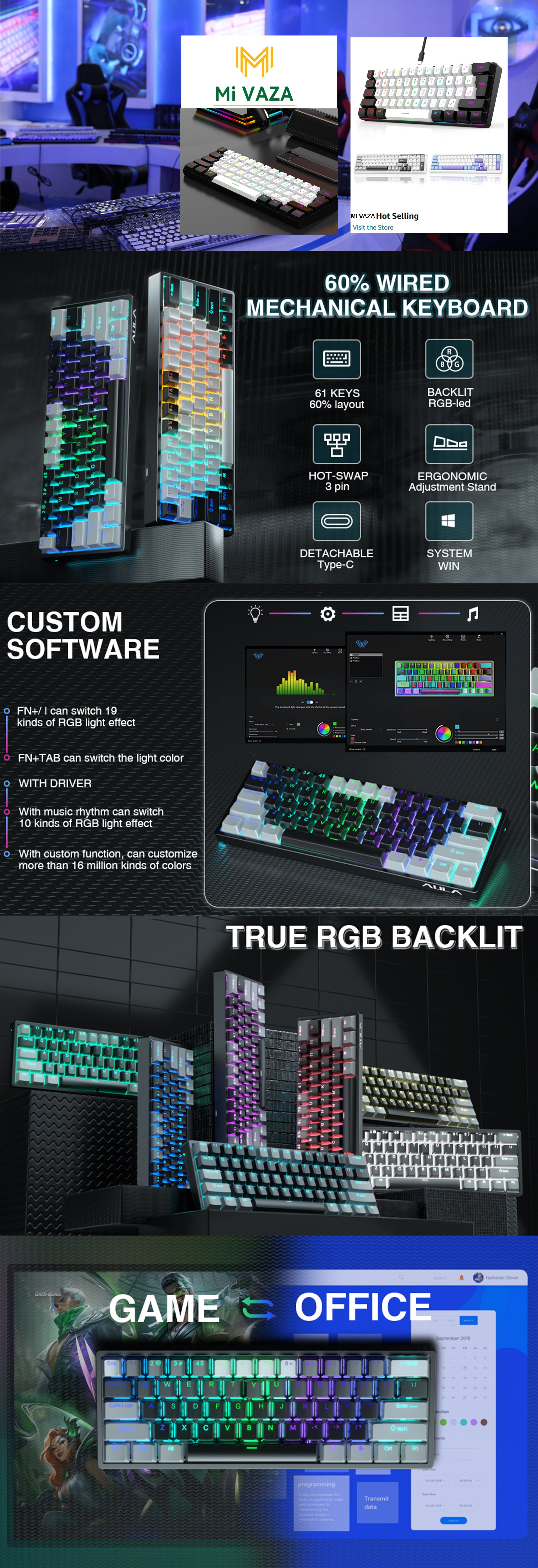 61-Key Membrane Keyboard - Wired Mini Keyboard - Gaming Keyboard and Office Keyboard - RGB Light - Computer Keyboard