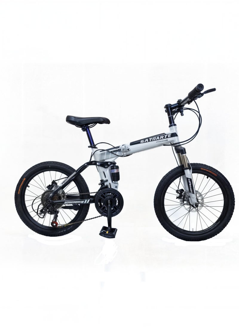 Shard Folding Bike 20 Inch, 21 Speed, Double Suspension, Spoke Wheel, Dual Dic Brake, White