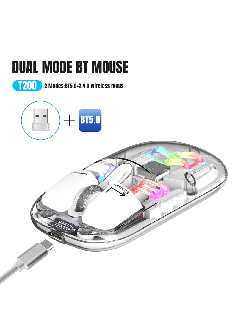 HXSJ T200 dual-mode transparent wireless mouse 2.4G/Bluetooth 5.0 rechargeable mouse magnetic design RGB lighting white