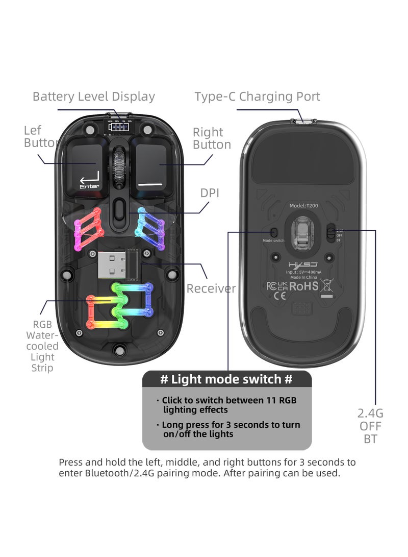 HXSJ T200 dual-mode transparent wireless mouse 2.4G/Bluetooth 5.0 rechargeable mouse magnetic design RGB lighting black