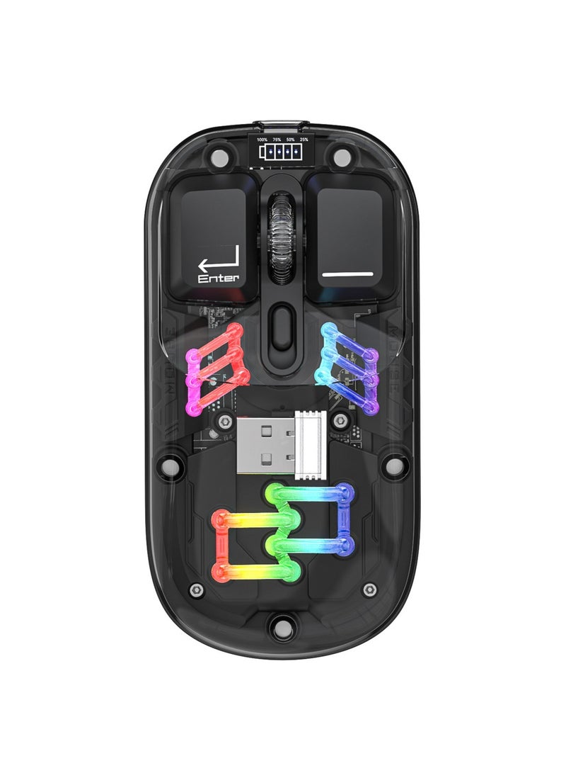 HXSJ T200 dual-mode transparent wireless mouse 2.4G/Bluetooth 5.0 rechargeable mouse magnetic design RGB lighting black