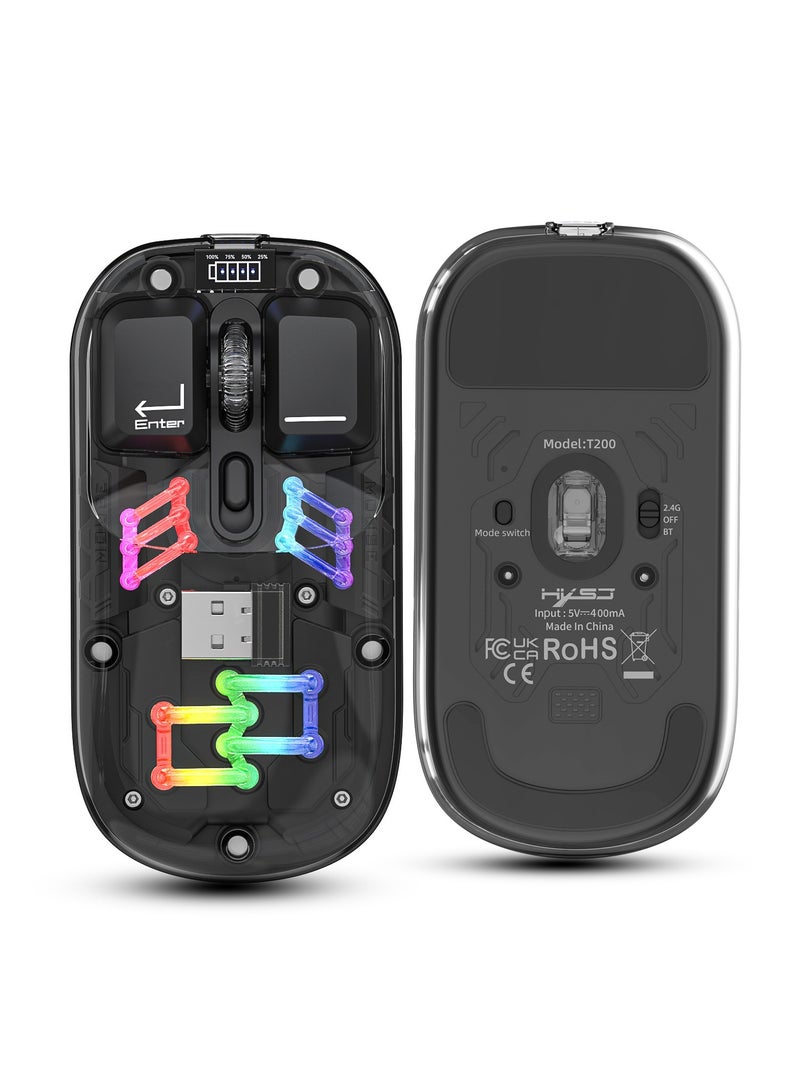 HXSJ T200 dual-mode transparent wireless mouse 2.4G/Bluetooth 5.0 rechargeable mouse magnetic design RGB lighting black