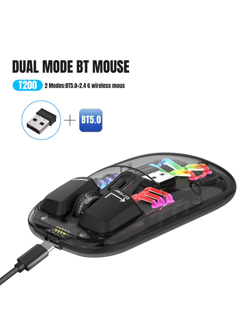 HXSJ T200 dual-mode transparent wireless mouse 2.4G/Bluetooth 5.0 rechargeable mouse magnetic design RGB lighting black