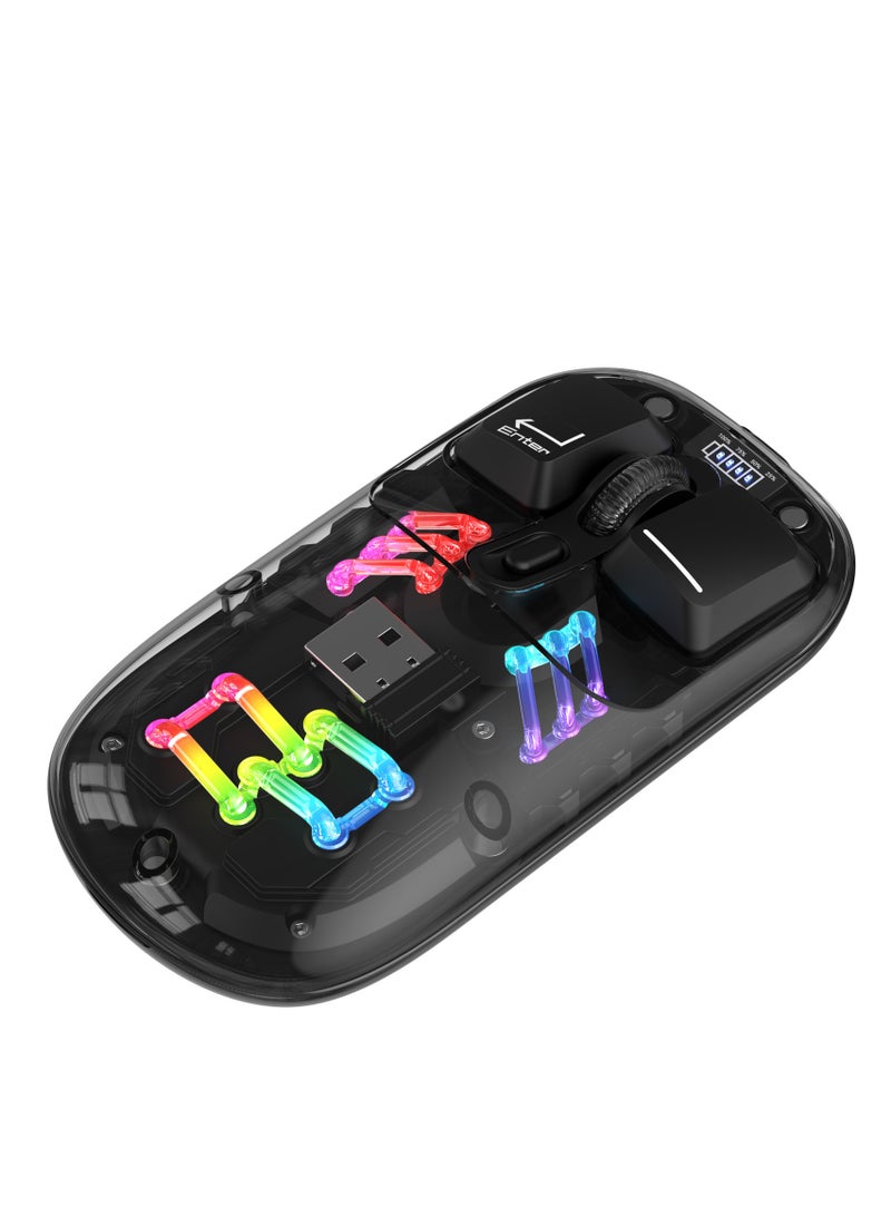 HXSJ T200 dual-mode transparent wireless mouse 2.4G/Bluetooth 5.0 rechargeable mouse magnetic design RGB lighting black