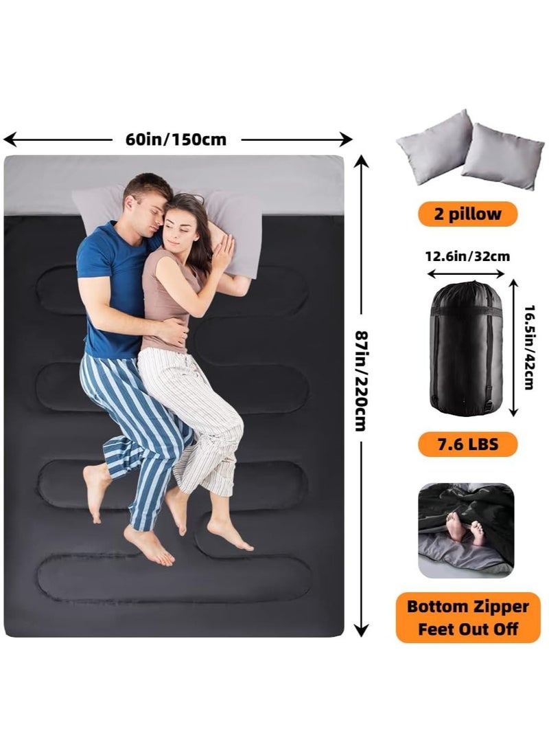 2.7kg 220*150cm Double Sleeping Bag for Adults with 2 Pillows, Queen Size Two Person Sleeping Bag for All Season, 2 Person Sleeping Bags for Cold Weather Camping Hiking Backpacking