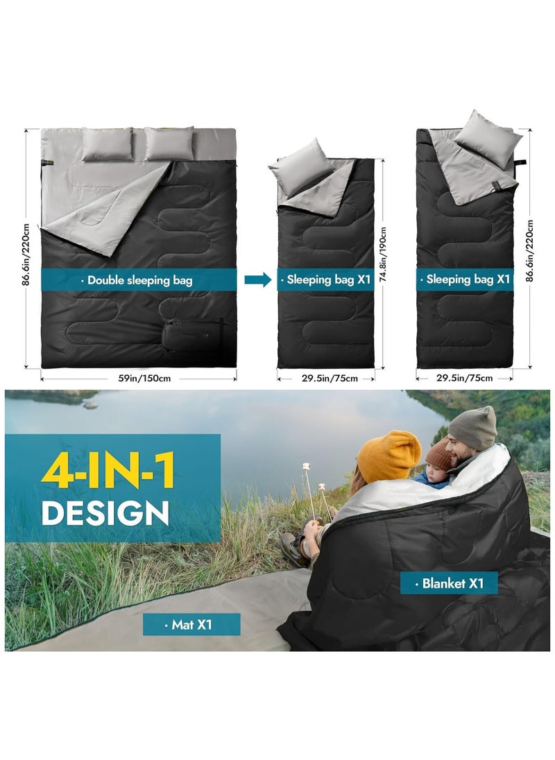 2.7kg 220*150cm Double Sleeping Bag for Adults with 2 Pillows, Queen Size Two Person Sleeping Bag for All Season, 2 Person Sleeping Bags for Cold Weather Camping Hiking Backpacking