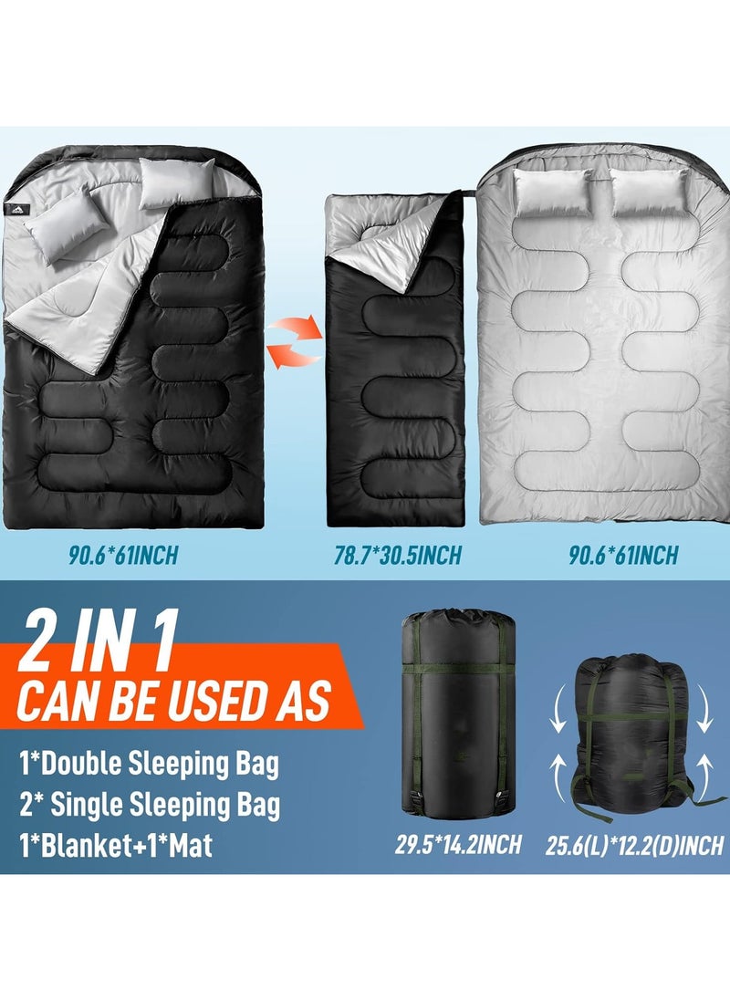 3.2kg 230*160cm Sleeping Bags for Adults, Double Sleeping Bag with 2 Pillows Waterproof Sleeping Bag for Kids 2 Person Cold Weather Sleeping Bags for Family Teens Camping Backpacking Hiking Outdoor