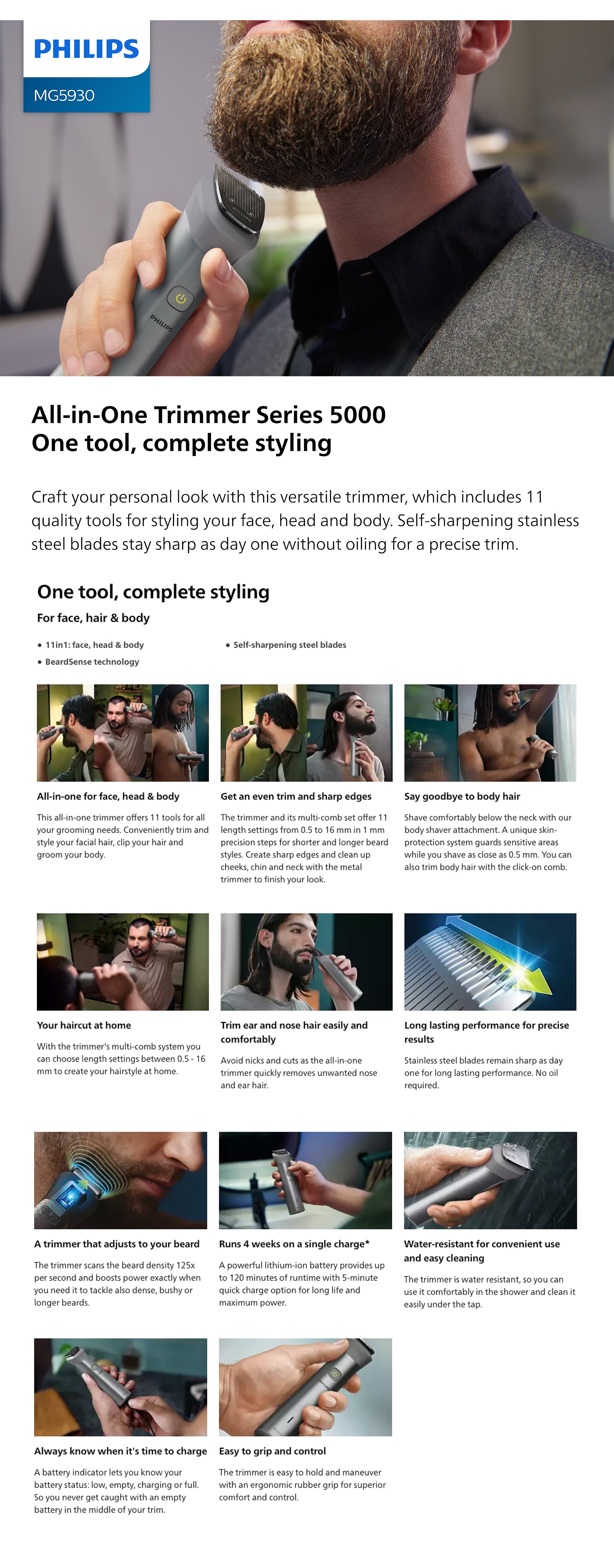 All-in-One Trimmer MG5930/15,11-in-1 Face, Hair & Body Grooming,Nose & Ear| 120min Cordless, Showerproof Grey