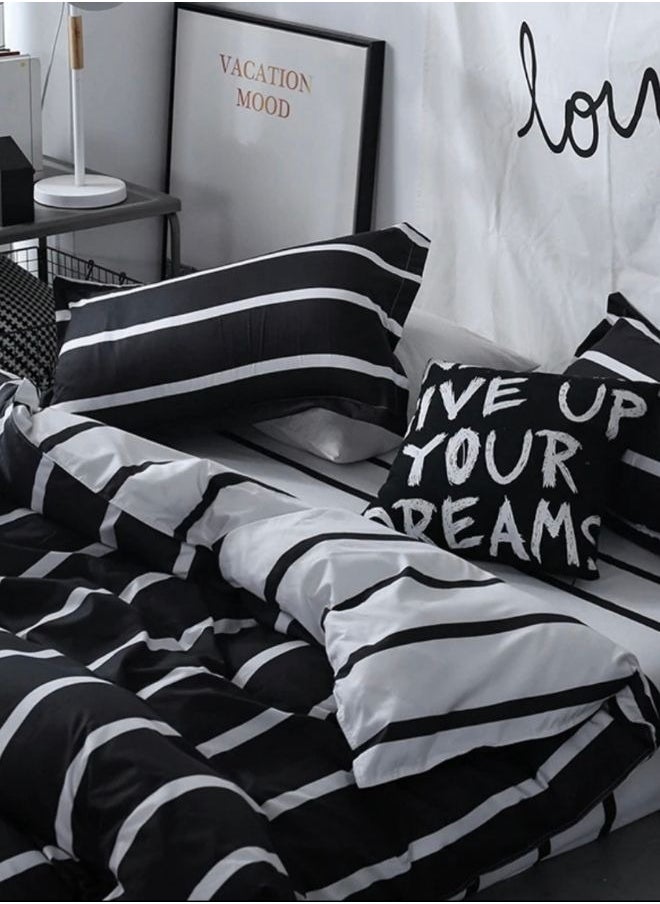 6 Piece Striped Queen Size Duvet Cover Set. Black and White Reversible Bedding Set.