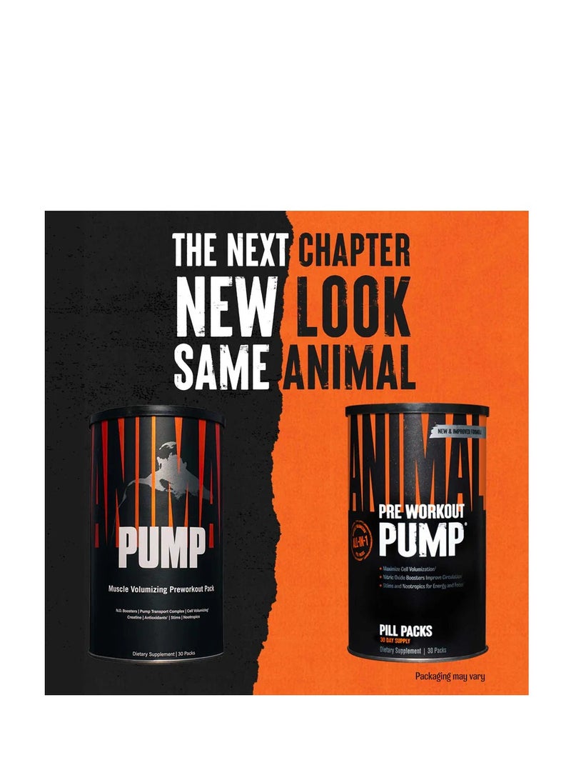 Animal Pump - Advanced Pre-Workout with Creatine, Nitric Oxide Booster, Custom Stimulant Control for Strength, Vascularity, and Muscle Pumps, 30 Packs