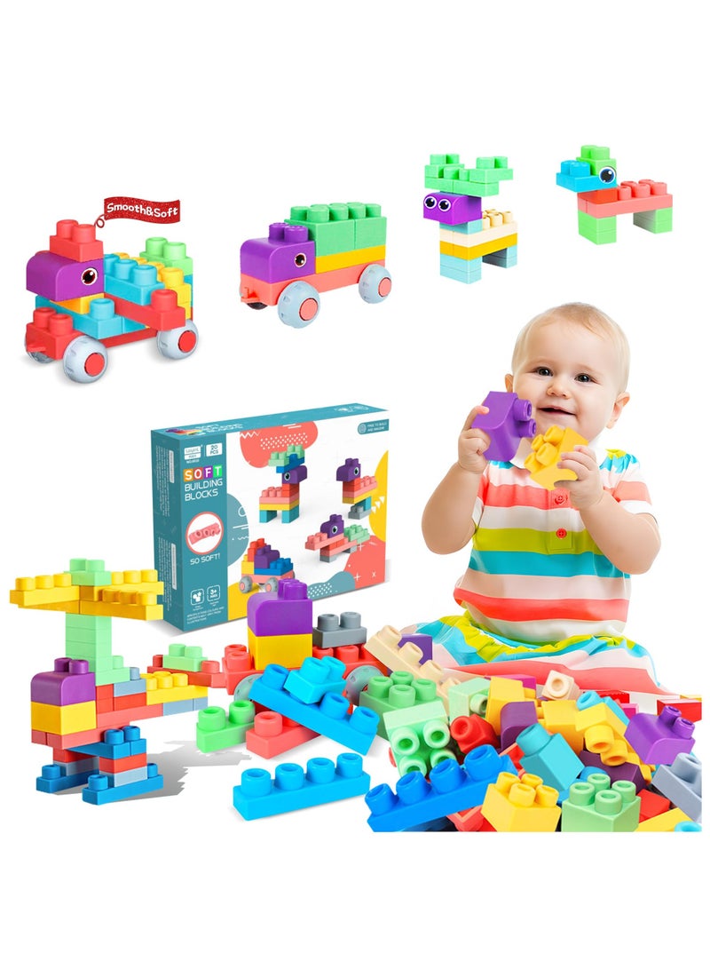 50 PCS Soft Rubber Building Blocks Set, Montessori Education Toy, STEM DIY Blocks for Early Development, 3D Boilable Bite-Resistant Teethers, Safe & Smooth Silicone Sensory Stacking Rock, Large Construction Bath Toy for Toddlers, Ideal for Kids Age 12 Months+