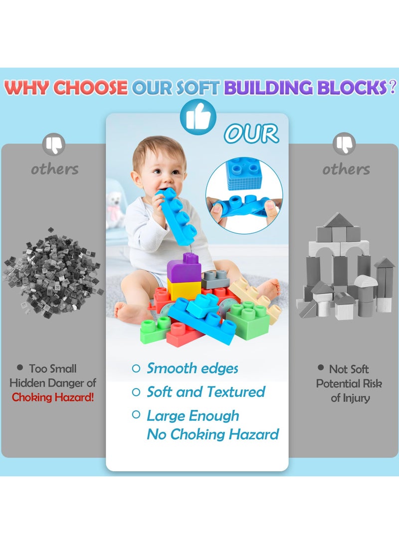 50 PCS Soft Rubber Building Blocks Set, Montessori Education Toy, STEM DIY Blocks for Early Development, 3D Boilable Bite-Resistant Teethers, Safe & Smooth Silicone Sensory Stacking Rock, Large Construction Bath Toy for Toddlers, Ideal for Kids Age 12 Months+