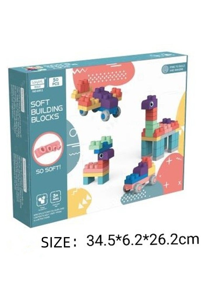 50 PCS Soft Rubber Building Blocks Set, Montessori Education Toy, STEM DIY Blocks for Early Development, 3D Boilable Bite-Resistant Teethers, Safe & Smooth Silicone Sensory Stacking Rock, Large Construction Bath Toy for Toddlers, Ideal for Kids Age 12 Months+
