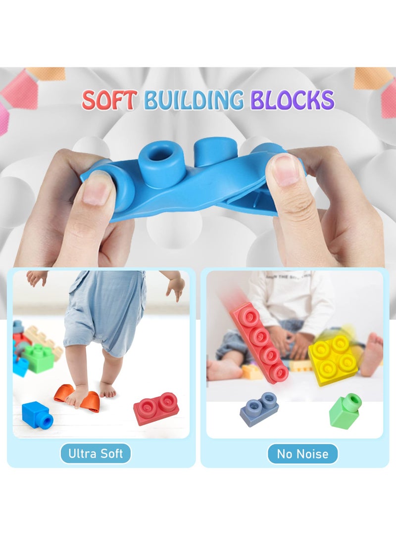 50 PCS Soft Rubber Building Blocks Set, Montessori Education Toy, STEM DIY Blocks for Early Development, 3D Boilable Bite-Resistant Teethers, Safe & Smooth Silicone Sensory Stacking Rock, Large Construction Bath Toy for Toddlers, Ideal for Kids Age 12 Months+