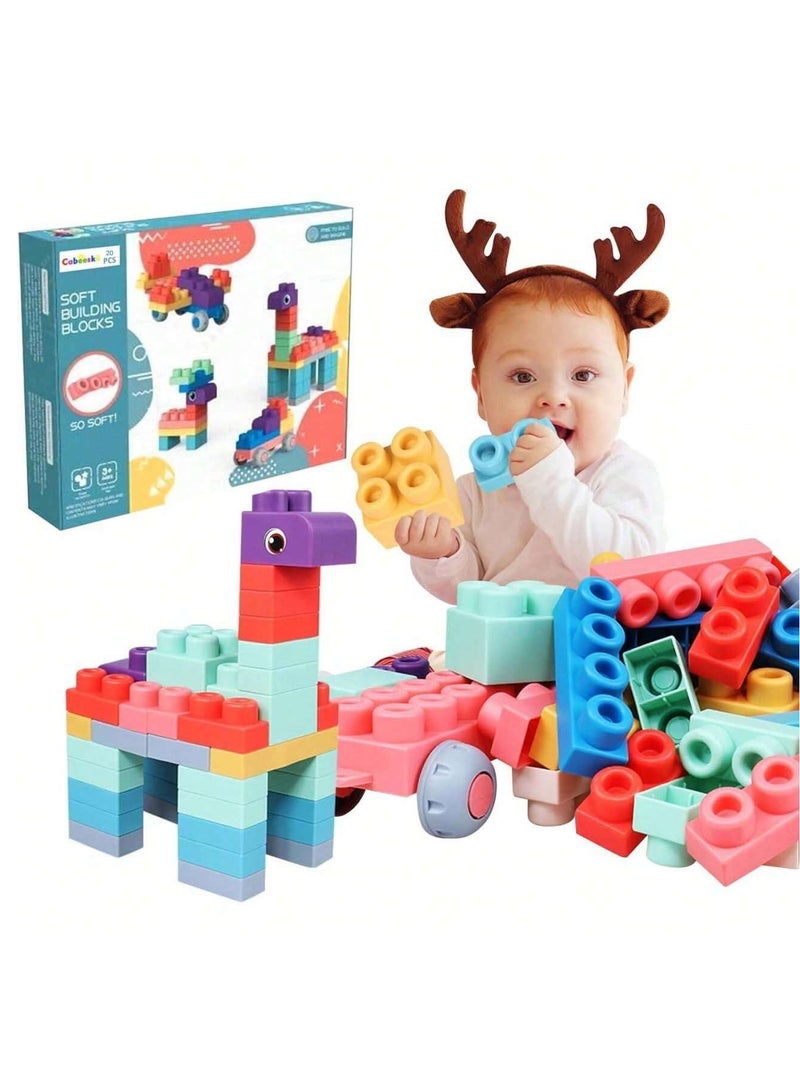 50 PCS Soft Rubber Building Blocks Set, Montessori Education Toy, STEM DIY Blocks for Early Development, 3D Boilable Bite-Resistant Teethers, Safe & Smooth Silicone Sensory Stacking Rock, Large Construction Bath Toy for Toddlers, Ideal for Kids Age 12 Months+