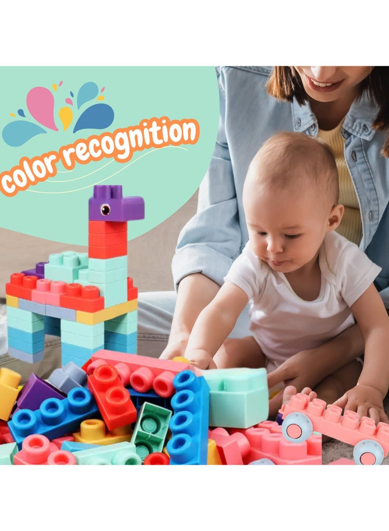50 PCS Soft Rubber Building Blocks Set, Montessori Education Toy, STEM DIY Blocks for Early Development, 3D Boilable Bite-Resistant Teethers, Safe & Smooth Silicone Sensory Stacking Rock, Large Construction Bath Toy for Toddlers, Ideal for Kids Age 12 Months+