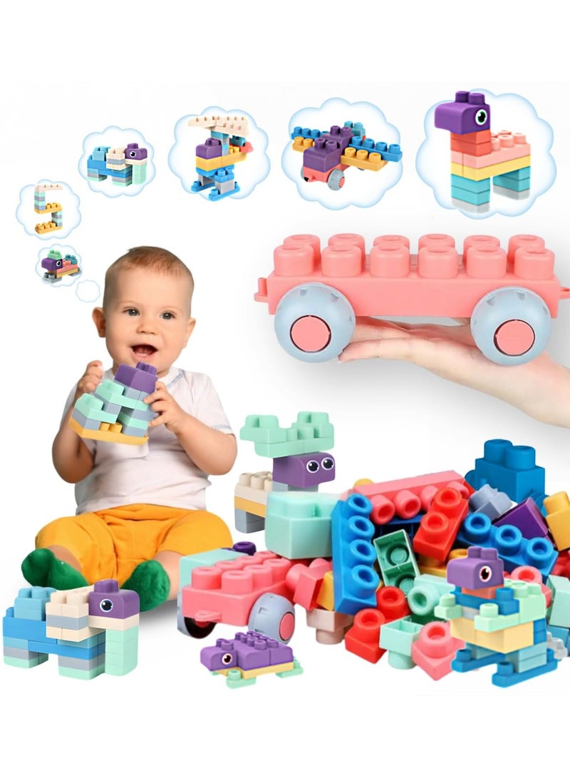 50 PCS Soft Rubber Building Blocks Set, Montessori Education Toy, STEM DIY Blocks for Early Development, 3D Boilable Bite-Resistant Teethers, Safe & Smooth Silicone Sensory Stacking Rock, Large Construction Bath Toy for Toddlers, Ideal for Kids Age 12 Months+