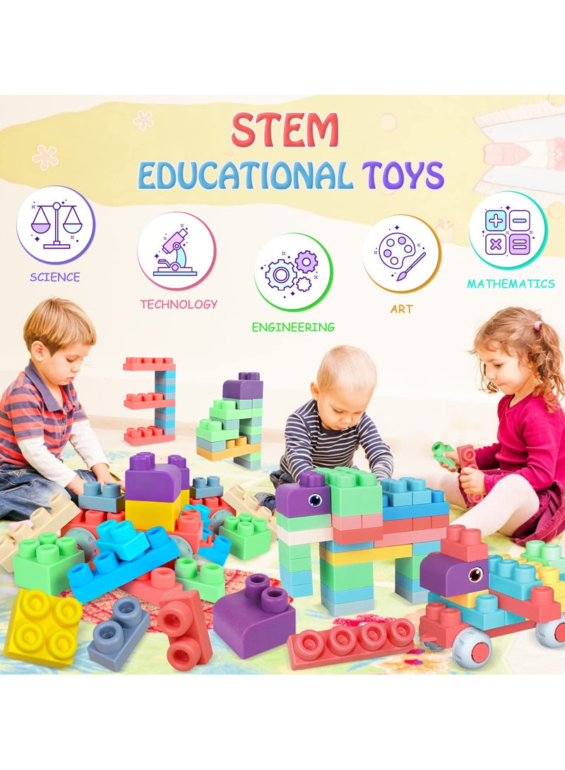 50 PCS Soft Rubber Building Blocks Set, Montessori Education Toy, STEM DIY Blocks for Early Development, 3D Boilable Bite-Resistant Teethers, Safe & Smooth Silicone Sensory Stacking Rock, Large Construction Bath Toy for Toddlers, Ideal for Kids Age 12 Months+