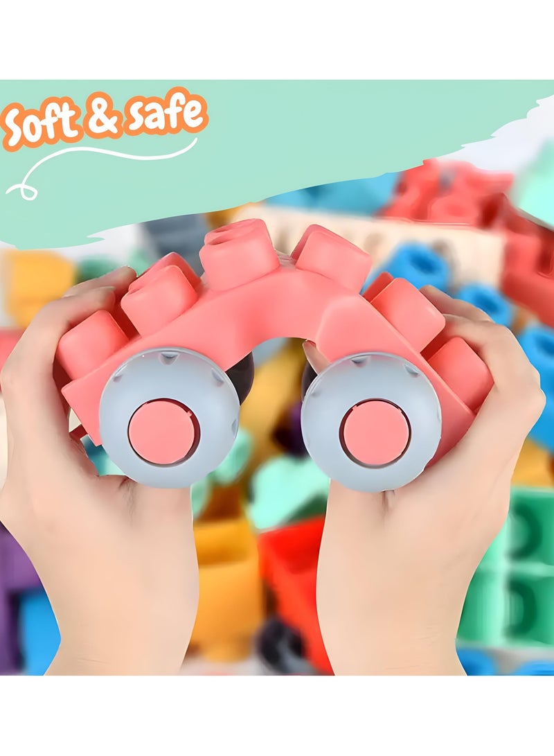 50 PCS Soft Rubber Building Blocks Set, Montessori Education Toy, STEM DIY Blocks for Early Development, 3D Boilable Bite-Resistant Teethers, Safe & Smooth Silicone Sensory Stacking Rock, Large Construction Bath Toy for Toddlers, Ideal for Kids Age 12 Months+