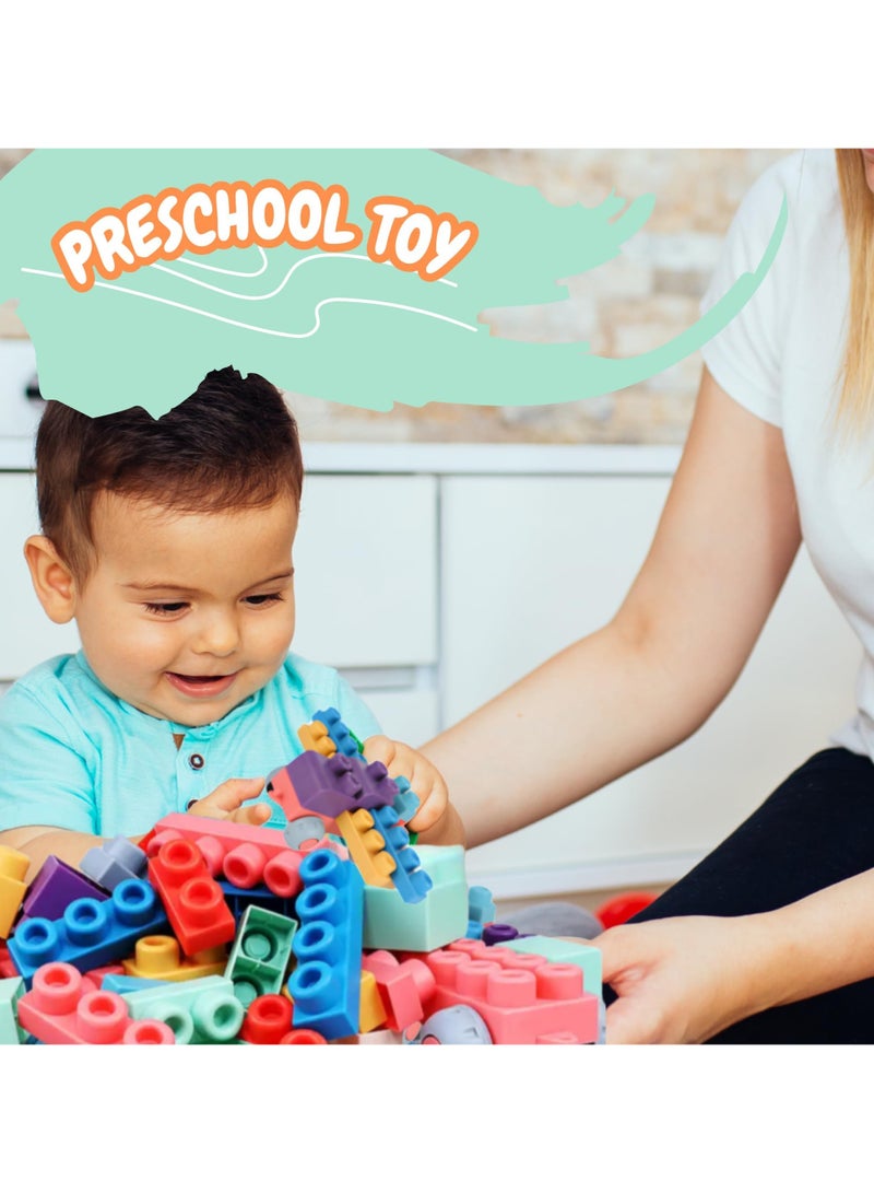 50 PCS Soft Rubber Building Blocks Set, Montessori Education Toy, STEM DIY Blocks for Early Development, 3D Boilable Bite-Resistant Teethers, Safe & Smooth Silicone Sensory Stacking Rock, Large Construction Bath Toy for Toddlers, Ideal for Kids Age 12 Months+