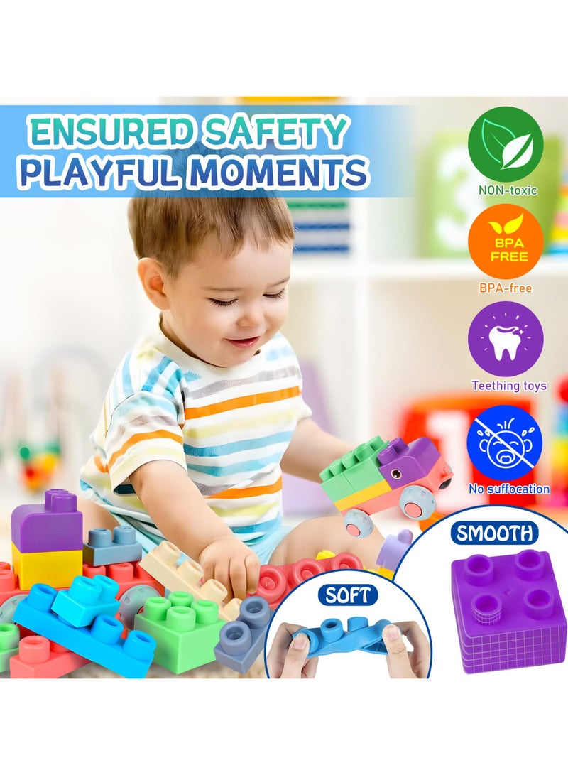 50 PCS Soft Rubber Building Blocks Set, Montessori Education Toy, STEM DIY Blocks for Early Development, 3D Boilable Bite-Resistant Teethers, Safe & Smooth Silicone Sensory Stacking Rock, Large Construction Bath Toy for Toddlers, Ideal for Kids Age 12 Months+