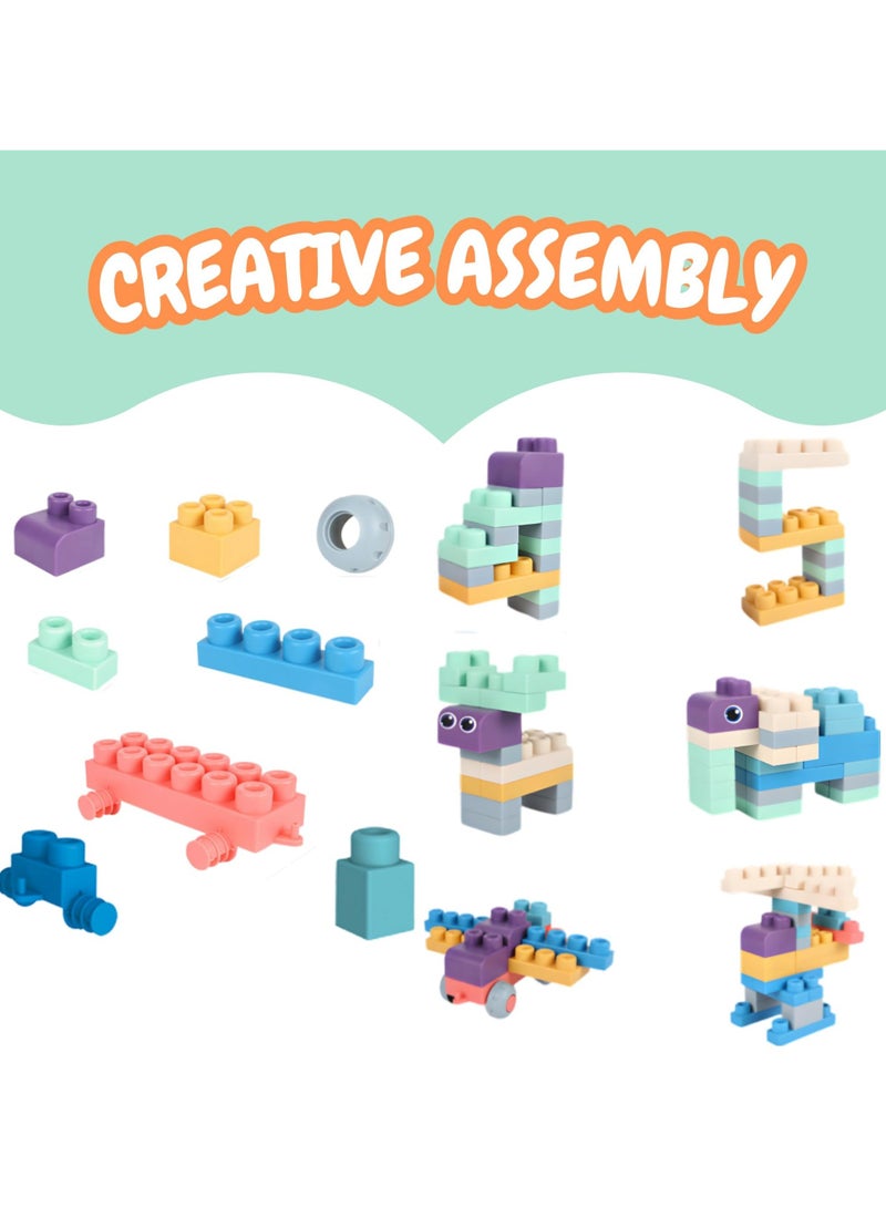 50 PCS Soft Rubber Building Blocks Set, Montessori Education Toy, STEM DIY Blocks for Early Development, 3D Boilable Bite-Resistant Teethers, Safe & Smooth Silicone Sensory Stacking Rock, Large Construction Bath Toy for Toddlers, Ideal for Kids Age 12 Months+