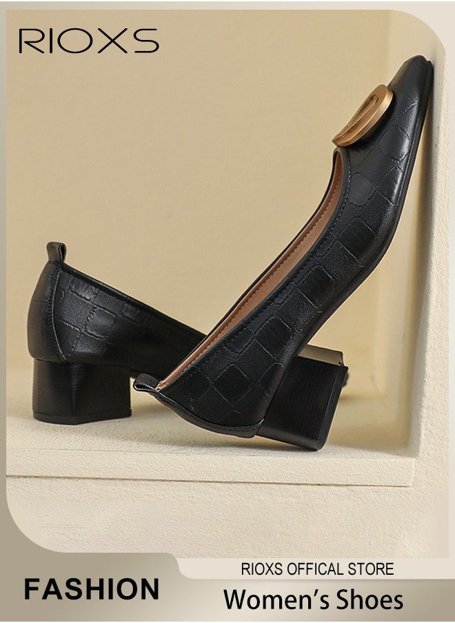 Low Heel Court Shoes with Squared-off Toe, Classic Closed-toe Chunky Heel Shoes with Non-slip Rubber Outsole and Soft Insole, Versatile Chunky Heels, Perfect for Elevating Your Status at Work, Parties, Meetings, Interviews, Weddings and More