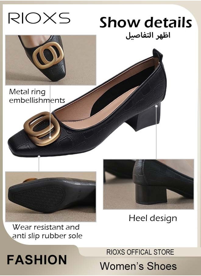 Low Heel Court Shoes with Squared-off Toe, Classic Closed-toe Chunky Heel Shoes with Non-slip Rubber Outsole and Soft Insole, Versatile Chunky Heels, Perfect for Elevating Your Status at Work, Parties, Meetings, Interviews, Weddings and More