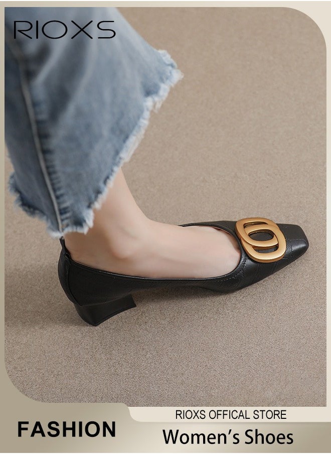 Low Heel Court Shoes with Squared-off Toe, Classic Closed-toe Chunky Heel Shoes with Non-slip Rubber Outsole and Soft Insole, Versatile Chunky Heels, Perfect for Elevating Your Status at Work, Parties, Meetings, Interviews, Weddings and More