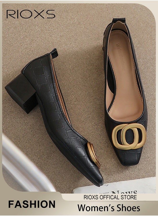 Low Heel Court Shoes with Squared-off Toe, Classic Closed-toe Chunky Heel Shoes with Non-slip Rubber Outsole and Soft Insole, Versatile Chunky Heels, Perfect for Elevating Your Status at Work, Parties, Meetings, Interviews, Weddings and More