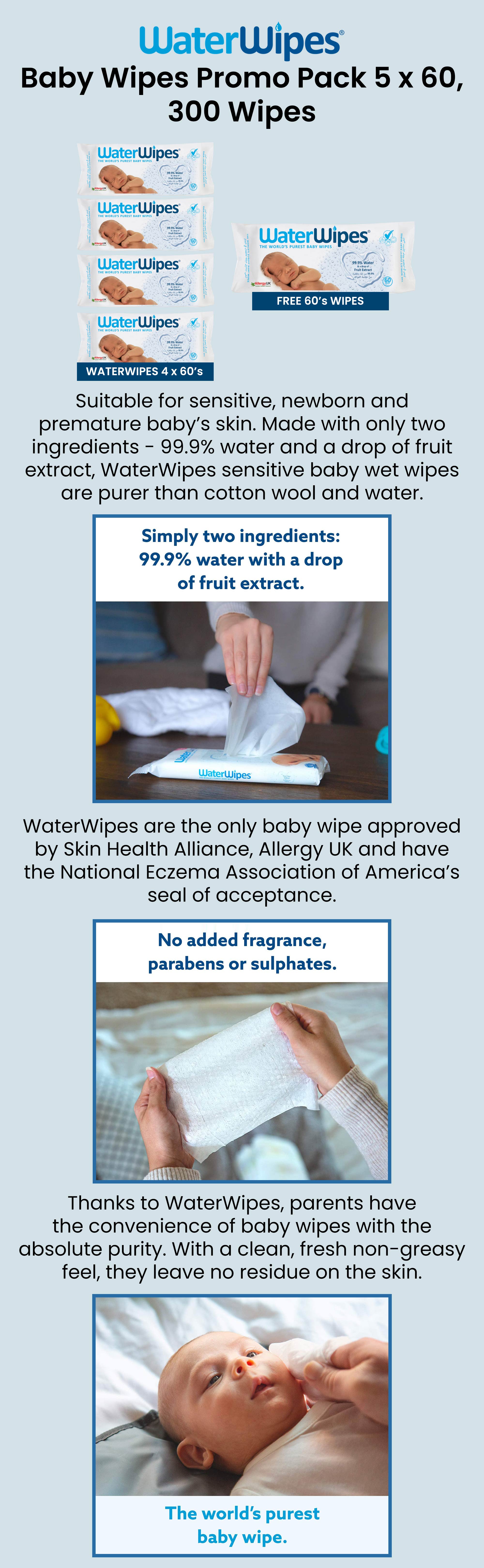WaterWipes Purest Baby Wipes Sensitive Skin 5 x 60s (300 wipes) Pack Of 5