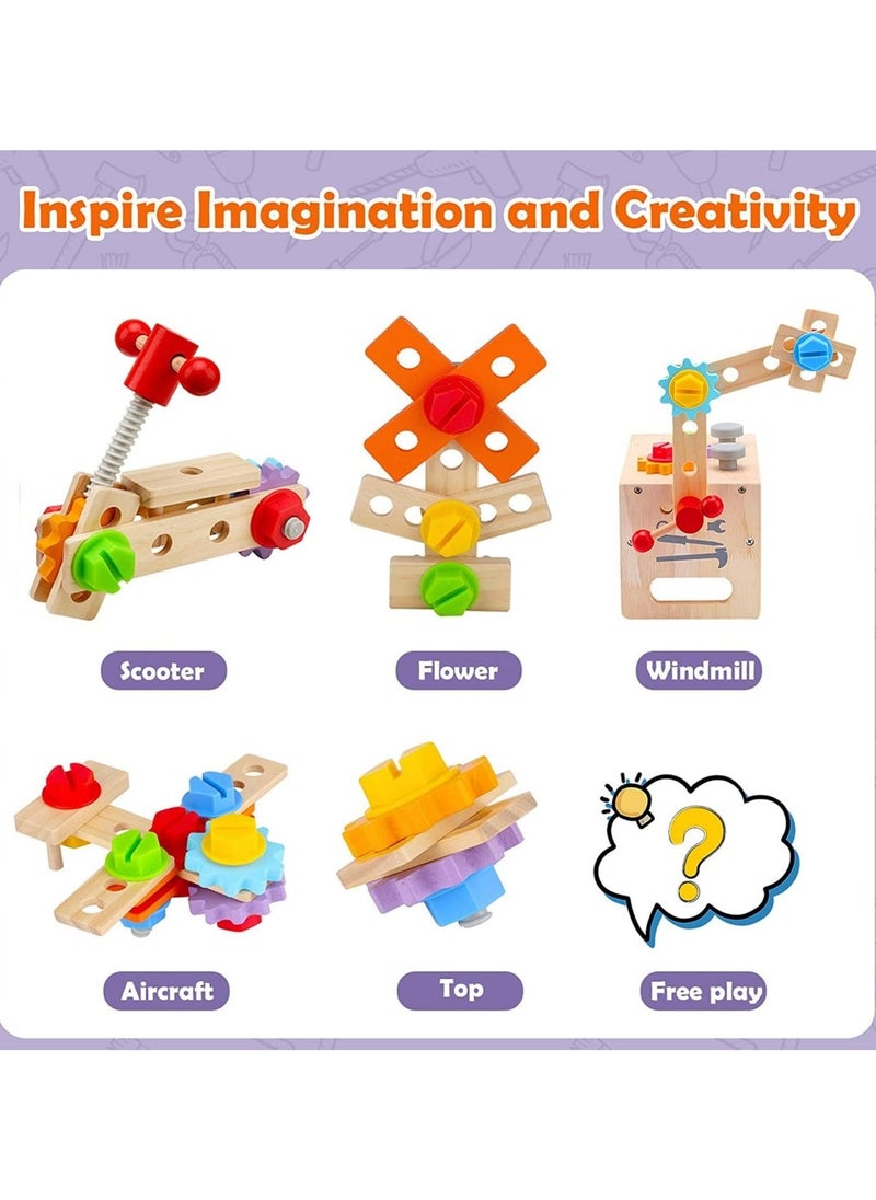 Wooden Tool Set for Kids, Montessori Wooden Tool Box with Saws, Screws, Hammers, Creative Construction Toys, Educational Gifts for Boys and Girls