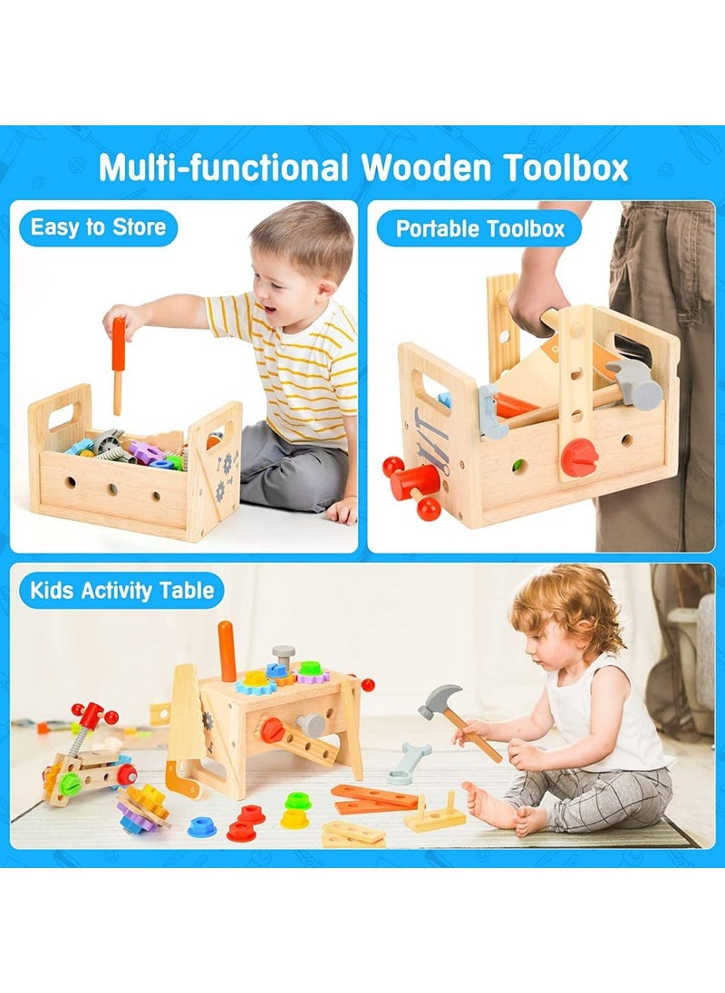 Wooden Tool Set for Kids, Montessori Wooden Tool Box with Saws, Screws, Hammers, Creative Construction Toys, Educational Gifts for Boys and Girls