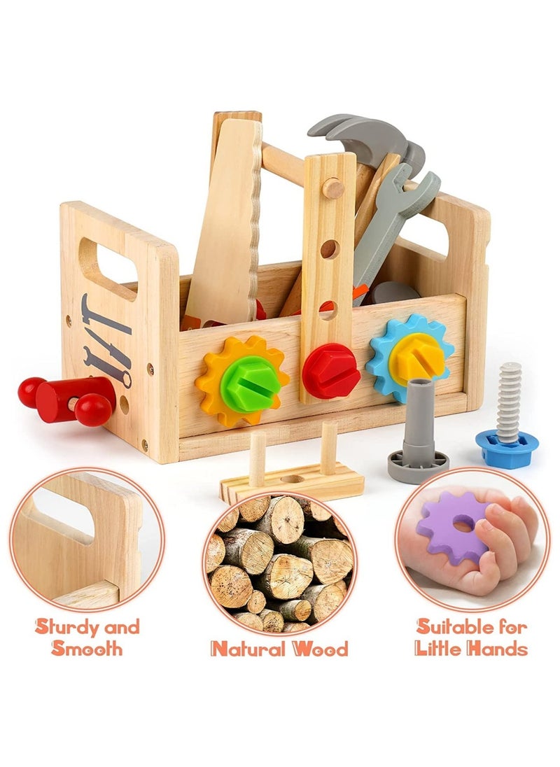 Wooden Tool Set for Kids, Montessori Wooden Tool Box with Saws, Screws, Hammers, Creative Construction Toys, Educational Gifts for Boys and Girls