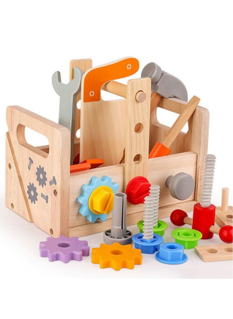 Wooden Tool Set for Kids, Montessori Wooden Tool Box with Saws, Screws, Hammers, Creative Construction Toys, Educational Gifts for Boys and Girls
