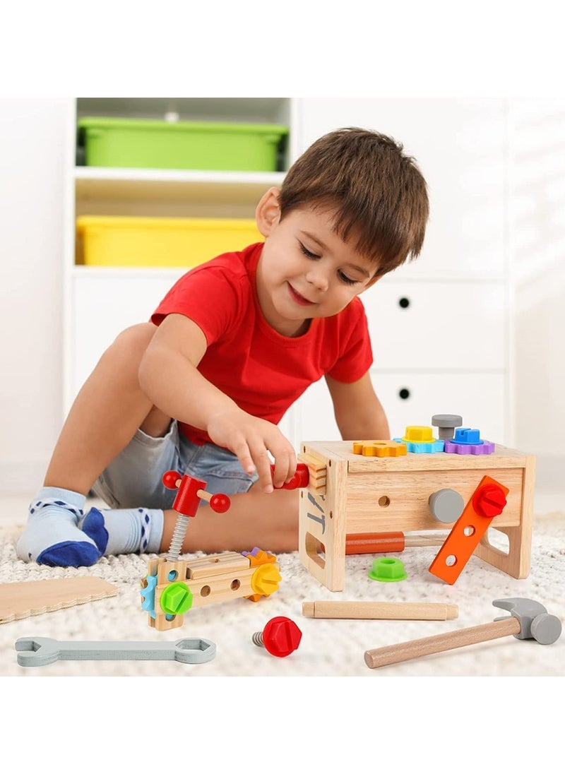 Wooden Tool Set for Kids, Montessori Wooden Tool Box with Saws, Screws, Hammers, Creative Construction Toys, Educational Gifts for Boys and Girls