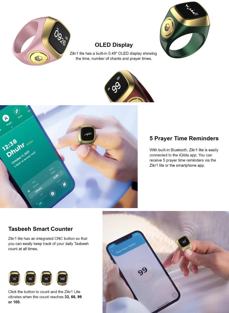 Smart Zikr Ring | 18 MM Prayer Counter & Timing Reminder | Waterproof Wearable Technology | OLED Display for Muslim Prayer | Pink and Gold