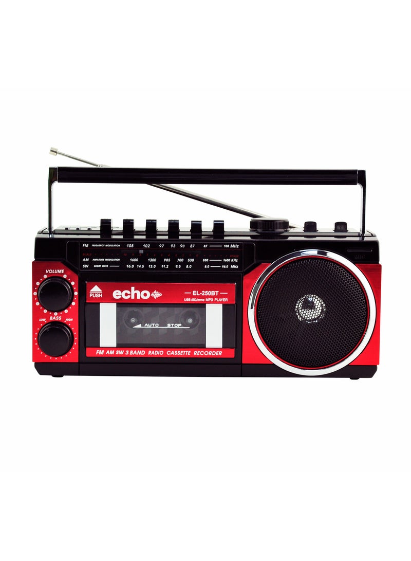 Echo Audio Retro Blast Mini Boombox Portable Audio Cassette Player Tape Recorder Bluetooth Function 3 Band Radio AM/FM/SW 1x8W X-Bass Speaker Voice Recording Headphone Jack USB SD Card Input