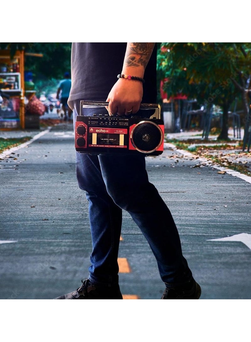 Echo Audio Retro Blast Mini Boombox Portable Audio Cassette Player Tape Recorder Bluetooth Function 3 Band Radio AM/FM/SW 1x8W X-Bass Speaker Voice Recording Headphone Jack USB SD Card Input