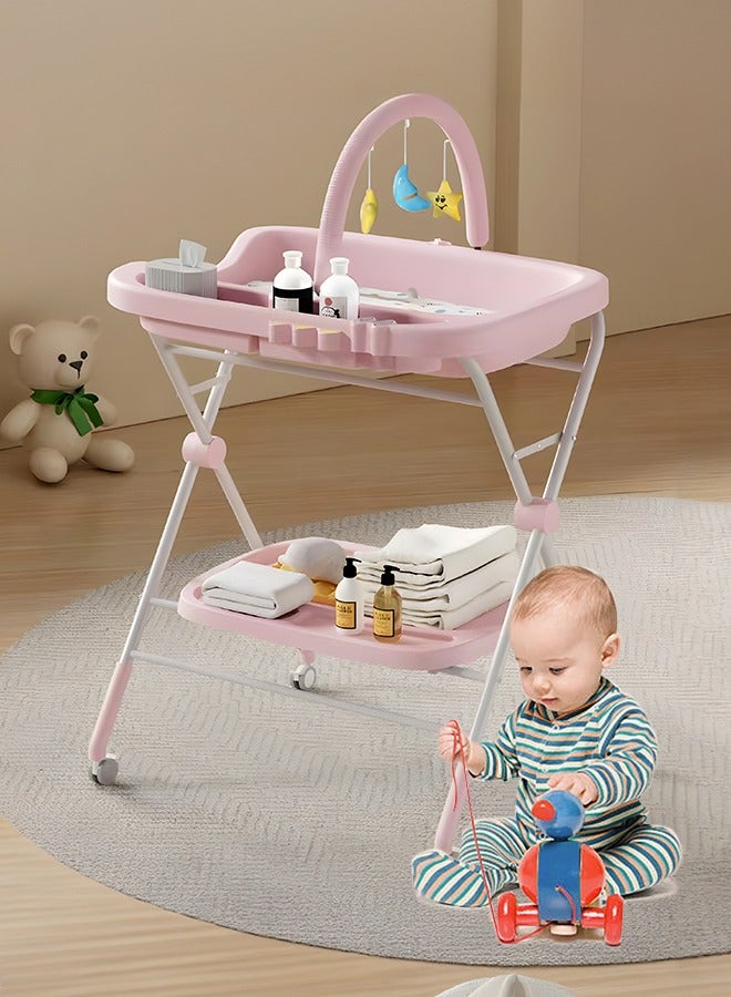 Baby Diaper Changing Tables Folding Diaper Table with Toy Shelf Portable Diaper Changing Station Adjustable Height Baby Changing Table with Wheels