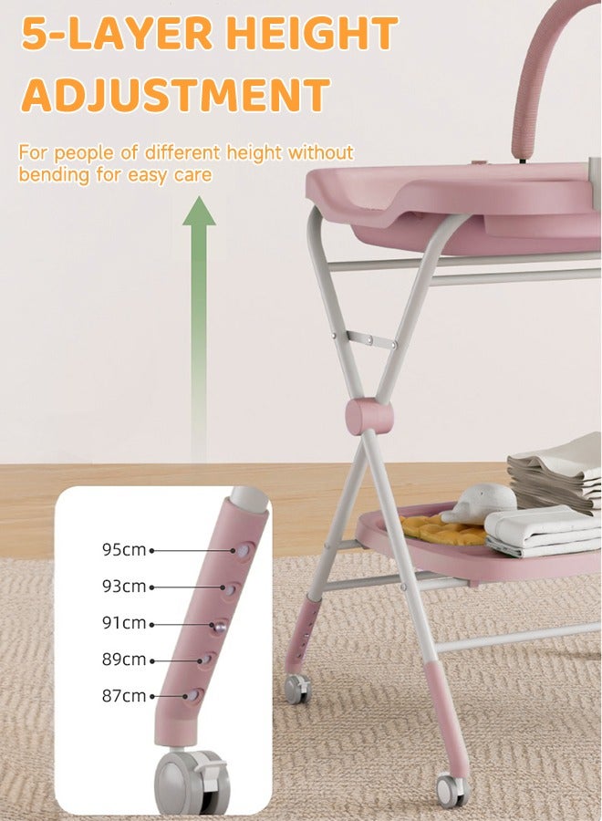 Baby Diaper Changing Tables Folding Diaper Table with Toy Shelf Portable Diaper Changing Station Adjustable Height Baby Changing Table with Wheels