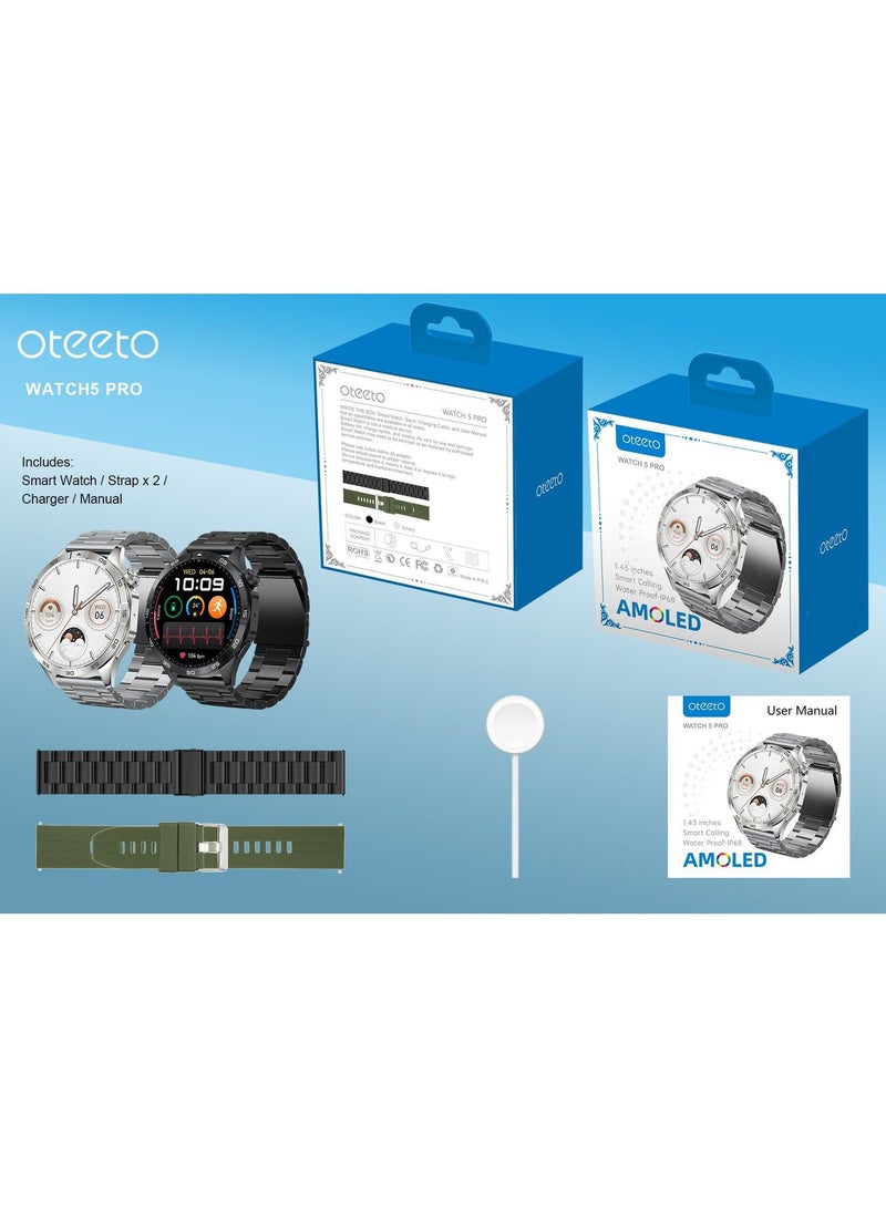 Oteeto Watch 5 pro  1.43 Inch AMOLED Display Smart watch With 2 Pair Strap and Wireless Charger For Men's